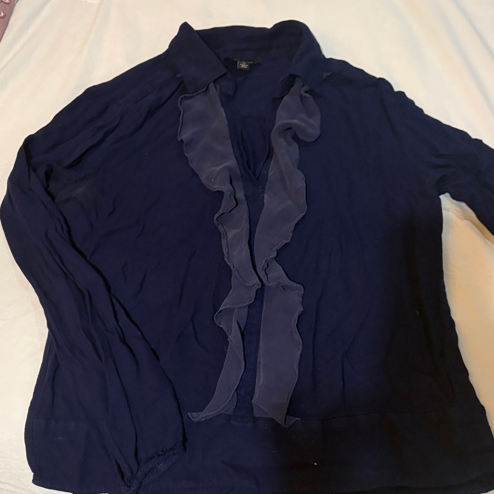 Ella Moss Navy Ruffle-Front Long Sleeve Blouse